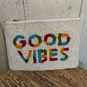 Beaded Coin Purse White Wallet Good Vibes Gift Travel Pouch New!  FAST SHIP